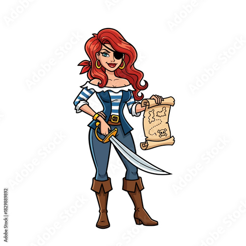 Cartoon Pirate Woman with Map and Sword Illustration.
