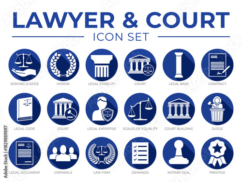 Lawyer and Court Round Blue White  Icon Set. Law Firm, Serving Justice, Honor, Legal Court, Contract, Code, Expertise, Scales of Equality, Building, Judge, Document, Notary Seal, Prestige Icons.