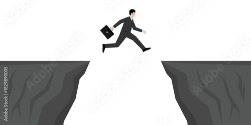 Businessman Jump over a Cliff. Goal Achievement and Business Success Concept. 