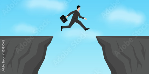 Businessman Jump over a Cliff. Goal Achievement and Business Success Concept. 