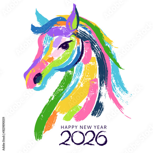 Vector watercolor horse, 2026 New Year illustration. Holiday print design for banner, poster, greeting card, invitation