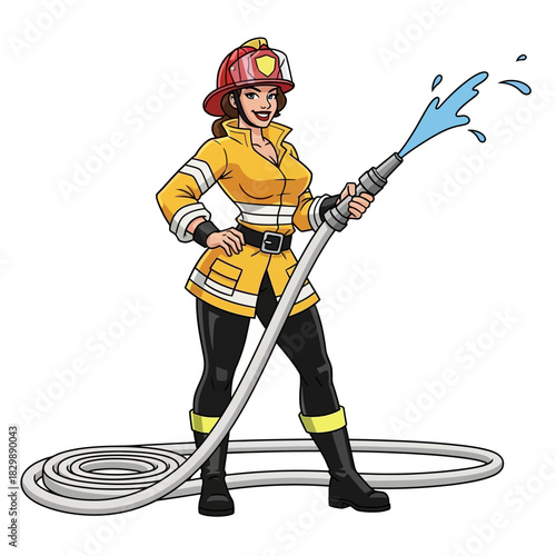 Brave Female Firefighter with Hose and Helmet.