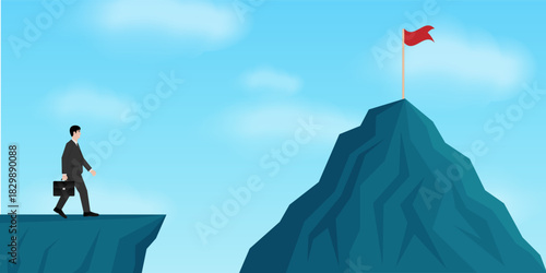Businessman Walking to Peak of the Mountain. Goal Achievement and Business Success Concept. 