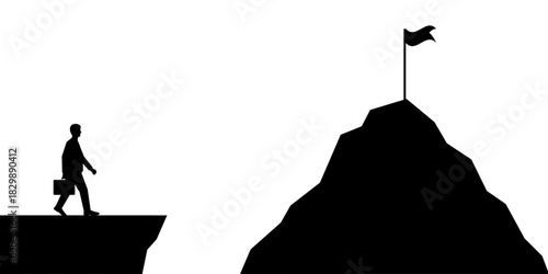 Businessman Walking to Peak of the Mountain Silhouette. Goal Achievement and Business Success Concept. 