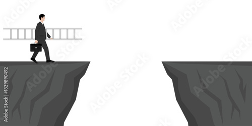 Businessman Walking with Ladder to Cross the Cliff. Goal Achievement and Business Success Concept. 