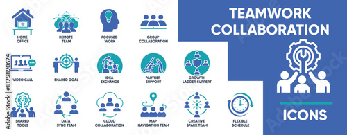 Solid teamwork icon set with business assistance, brainstorm, collaboration, cooperation, unity, and planning symbols. Ideal for apps, dashboards, presentations, and modern UI/UX use.