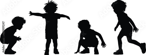 Child silhouettes, playful poses, crouching stance, dancing gesture, curly hair, casual clothing, black outline, motion study, body language, youth activity