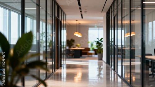 Empty Modern Coworking Office Meeting room Lush Indoor Plants Professional Corporate Workplace. bright Sunlight with trees and plants.