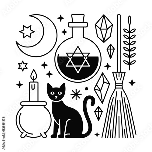 Magic Witchcraft Elements with Black Cat and Potion Line Art Illustration