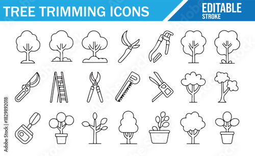 Tree Care and Pruning Tool Editable Stroke Icons