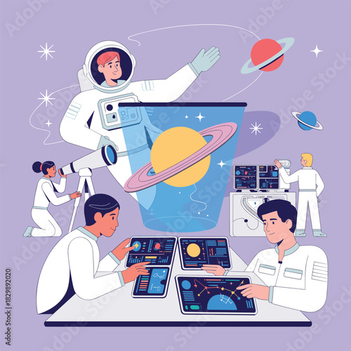 Astronaut and Scientists Working on Space Research and Planet Exploration Illustration