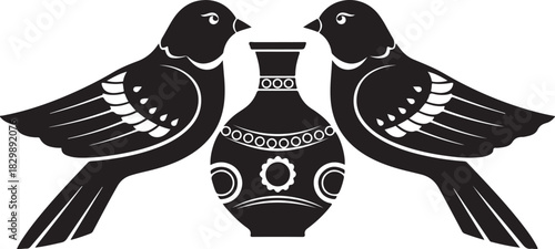Twin Birds With Vase Emblem for Folk Art, Vintage Illustration, and Logo Design