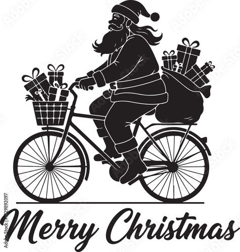 Santa Claus riding a bicycle and Merry Christmas typography silhouette vector