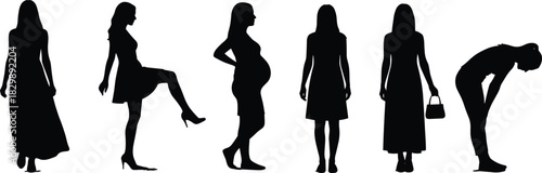Black silhouettes of diverse women displaying different body shapes, life stages, and poses, including pregnant, kicking, bending, and standing figures, vector illustration graphic, set, shadow.