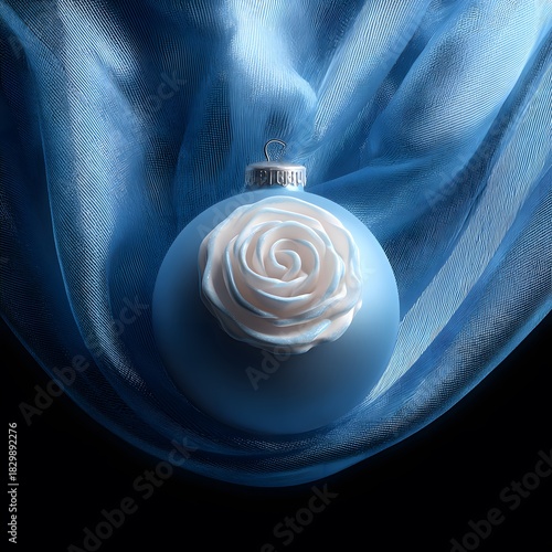 Christmas concept with blue bauble with white rose on draped silk as a elegant holiday ornament