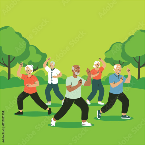 Senior People Practicing Tai Chi and Group Exercise in Green Park Illustration