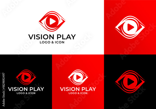 abstract eye logo icon design vector with play symbol on eyeball