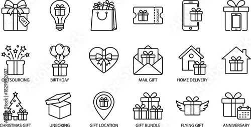 Minimalist line icons set for gifts, including present box, birthday, Christmas, anniversary, home delivery, discount coupon, unboxing, mail, and e-commerce concepts, vector stroke.