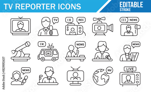 News coverage and journalism tools linear icon collection