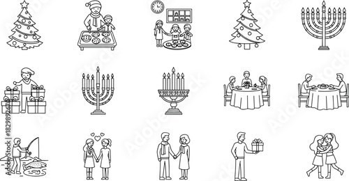 Black and white Hanukkah and Christmas celebration icons with menorah, tree, family dinner, baking, and gift exchange vector illustration