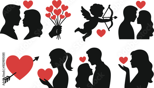Valentine silhouette love theme romantic clipart design, heart bouquet, Cupid character, black and red graphic, holiday art
