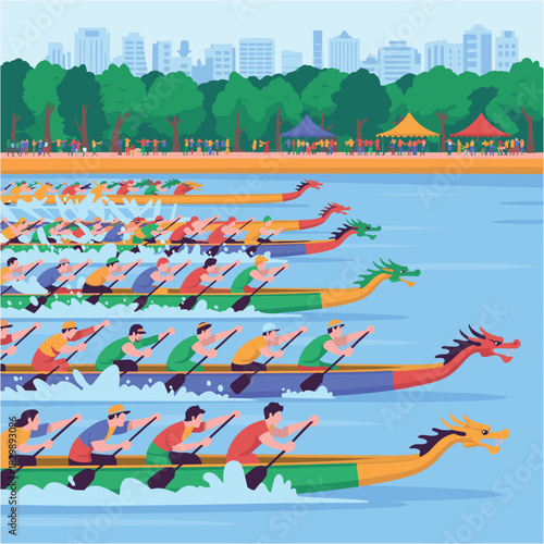 Dragon Boat Racing Illustration – Competitive Rowing Teams on River in Festival Event