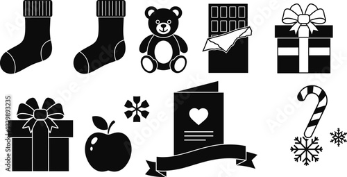 Black Christmas and holiday gift icons with teddy bear, socks, candy cane, apple, chocolate bar, and greeting card vector illustration