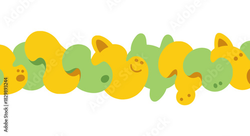 Seamless Border of Abstract Green and Yellow Shapes with Subtle Faces and Paws.