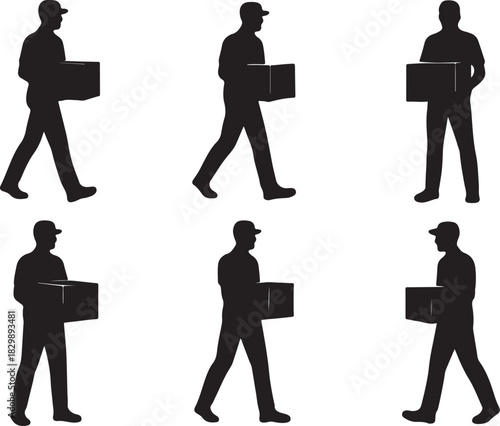 Vector set of delivery man silhouettes carrying boxes including walking and standing poses