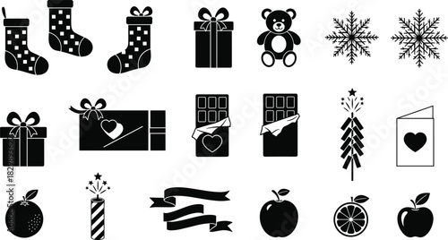 Black Christmas icons with gifts, stockings, snowflakes, teddy bear, chocolate, fruit, ribbons, and greeting card, festive vector collection