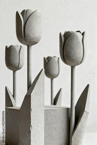 Minimalist Gray Concrete Tulip Sculptures with Geometric Leaves for Modern Interior Decor