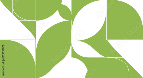 Geometric green and white abstract design with shapes and patterns.