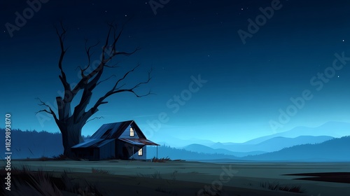 Night Landscape with House and Tree in Blue Tones, Stars Shining Above