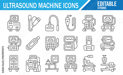 Medical ultrasound scanner and hospital equipment line icon collection