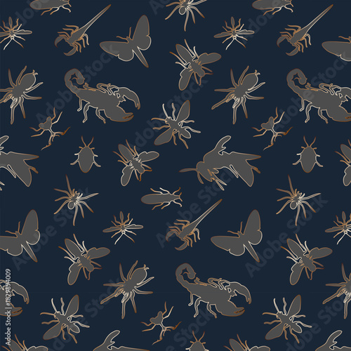 Stylized insects in grey with a gold outline. pattern with silhouettes of insects with golden decor on a colored background.