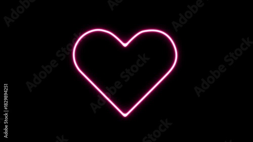 Neon Pink Heart Outline On Black Background Symbolizing Love And Romance.