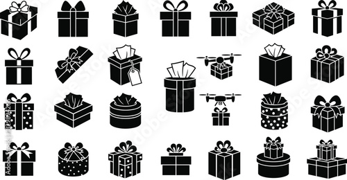 Black gift box icons with ribbons, bows, and tags, various Christmas present silhouettes, vector festive holiday packaging collection