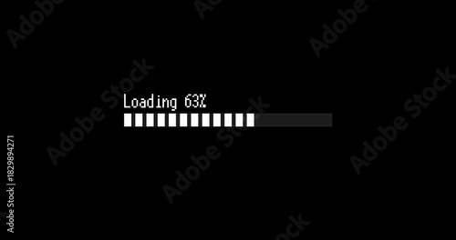 Loading Progress Bar On Black Screen With Pixel Font.