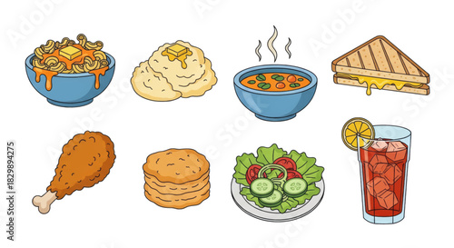 Collection of delicious American comfort food dishes and drinks, including mac and cheese, mashed potatoes, soup, grilled cheese, fried chicken, biscuits, salad, and iced tea