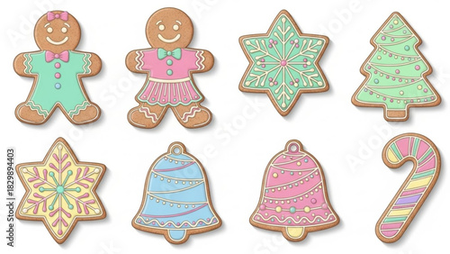 Delightful Christmas gingerbread cookies, gingerbread people, stars, trees, bells, and candy canes, perfect for holiday cheer and sweet festive celebrations