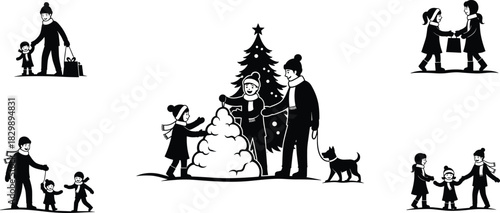 Black winter family icons with children playing in snow, building snowman, Christmas tree, and dog, festive holiday vector illustration
