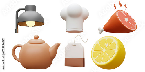 Collection of stylized 3d rendered food and kitchen items including a lamp chef hat ham teapot tea bag and lemon