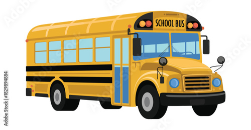  A detailed flat-style illustration of a classic yellow school bus featuring large windows, a front stop sign, and bold black stripes, representing student transportation, education, safety, and publi