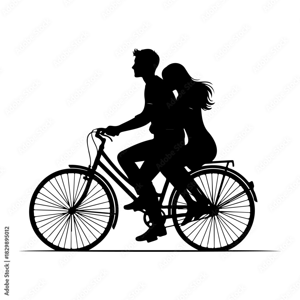 Obraz premium Silhouette of a couple riding a bicycle together on a white background