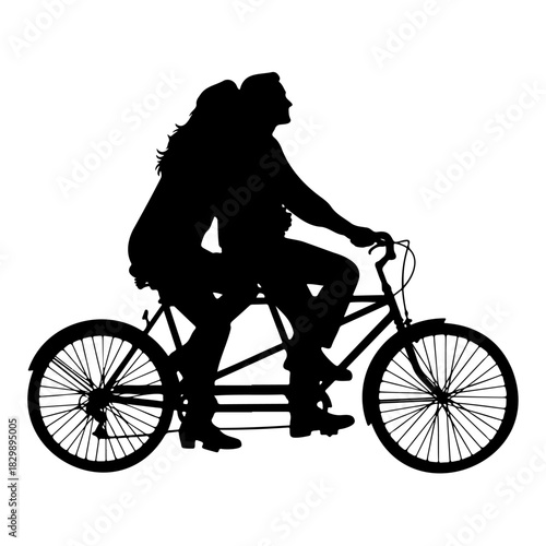 Silhouette of a couple riding a tandem bicycle on a white background