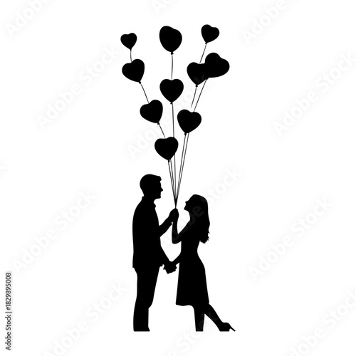 Silhouette of couple holding hands with heart shaped balloons on white
