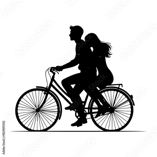 Silhouette of a couple riding a bicycle together on a white background