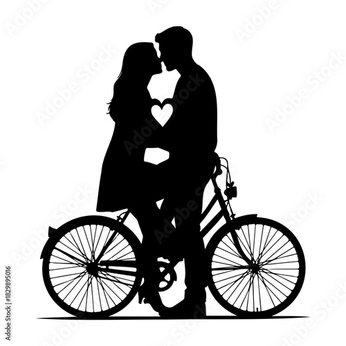 Silhouette of couple kissing on bicycle with heart shape in between them
