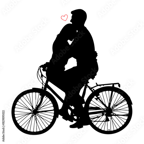 Silhouette of couple riding bicycle with heart above their heads on white