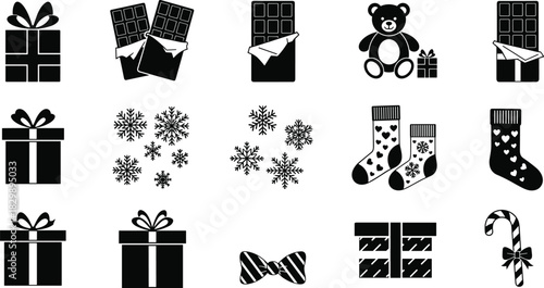 Christmas and holiday icon collection with gift boxes, chocolates, snowflakes, teddy bear, socks, candy cane, festive black silhouettes